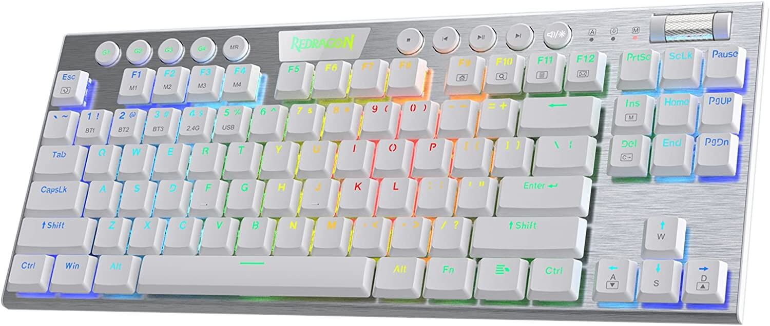 Redragon K621 Horus TKL Wireless RGB Mechanical Keyboard, 5.0 BT/2.4 Ghz/Wired Three Modes 80% Ultra-Thin Low Profile Bluetooth Keyboard w/Dedicated Media Control & Linear Red Switches, White Redragon K621 Horus TKL Wireless RGB Mechanical Keyboard, 5.0 BT/2.4 Ghz/Wired Three Modes 80% Ultra-Thin Low Profile Bluetooth Keyboard w/Dedicated Media Control & Linear Red Switches, White